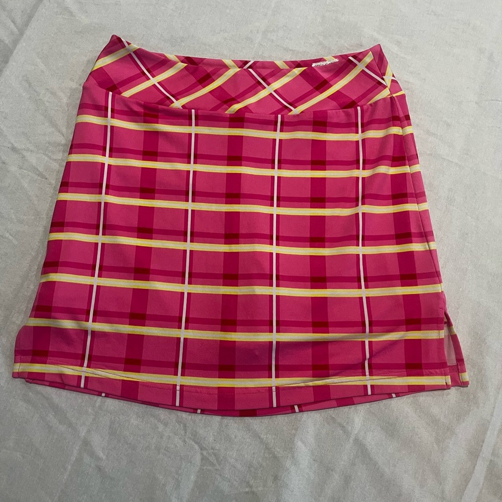 Vibrant pink and yellow plaid skort